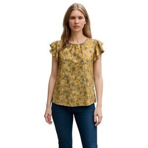 Alex & Lili Mustard Yellow White Blue Floral Ruffled Capped Sleeves Top Size S